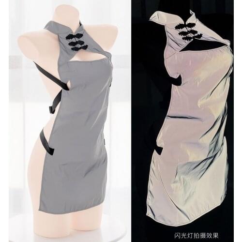 Chinese Vintage Grey Reflective Cheongsam Dress Womens Personality Hollow Out Backless Short Tops Sexy Halter Open Chest Vest