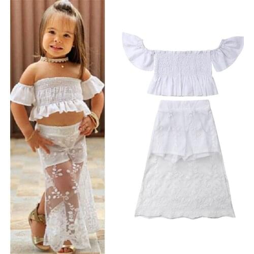 1-6Y Kids Baby Girls Clothes Set 2021 Summer Off Shoulder Short Sleeve Ruffle Tops +Lace Mesh Short Skirts Princess Girl Outfits