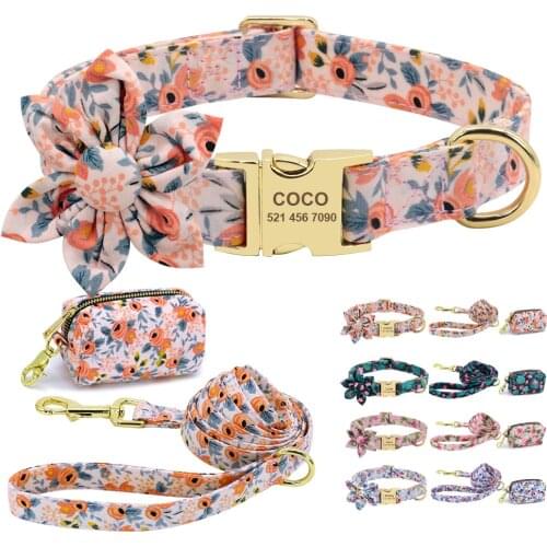 Nylon Personalized Dog Collar Leash Poop Bag Set Customized Dog ID Collars Pet Lead Belt With Garbage Bag Flower Print Chihuahua