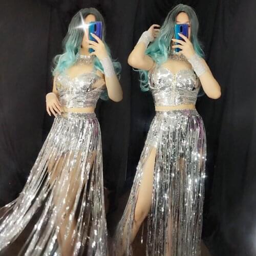Women New Silver Sequin Tassel Bra Skirt 4 Pieces Sexy Set Club Bar Stage Wear DJ Singer Dancer Performance Nightclub Outfit