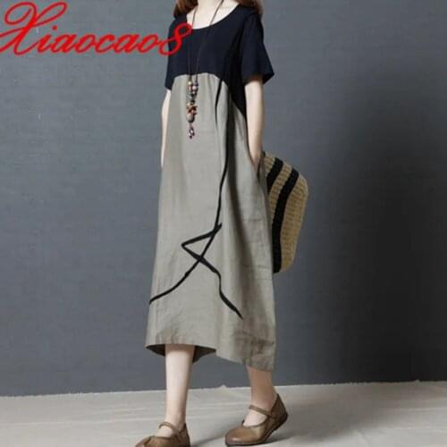 New Fashion Patchwork Short Sleeve Mid Calf Dresses For Women Pockest O Neck Loose Dress Plus Size Clothing