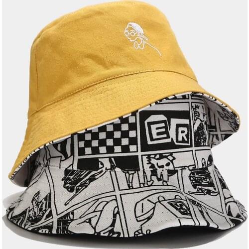 Creative Character Embroidery Bucket Hat Summer Fisherman Hat Reversible Unisex Panama Bob Cap Women Leisure Sun Protection Hat