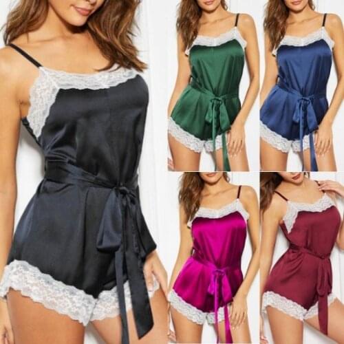New Women Sexy Lingerie Sling Lace Bow Tie Solid Loose Jumpsuit Sleepwear Female Pajamas 5 Colors Pyjamas