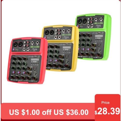 Muslady B4 Portable 4 Channels Audio Mixer USB Mixing Console Supports BT Connection with Sound Card Built-in 48V Phantom Power