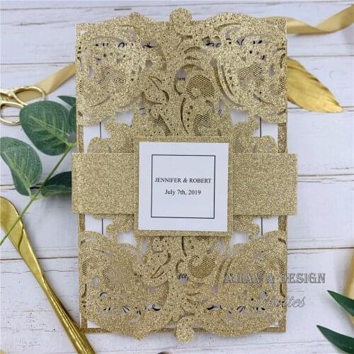 Fancy Glitter Rose Gold Floral Invitations for Wedding, Quince And Sweet 16, Invite With Envelope