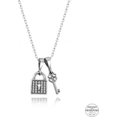Silver 925 Sterling Swarovski Zirconia Cubic Zirconia Lock & Key Necklace