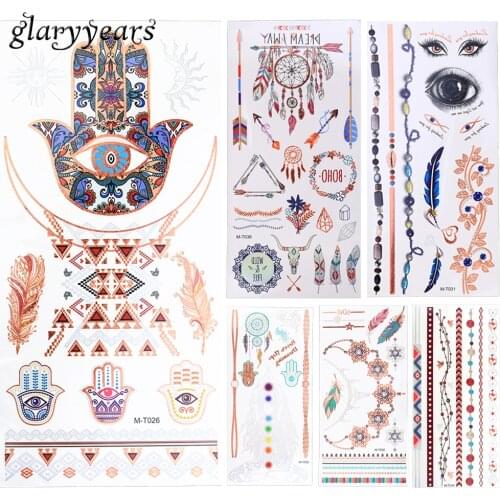 6 Sheets Gold Metallic Tattoo Temporary Sticker Palm Eye Belle Jewelry Style Makeup Tool Flash Chain Choker Tattoo Decal Holiday