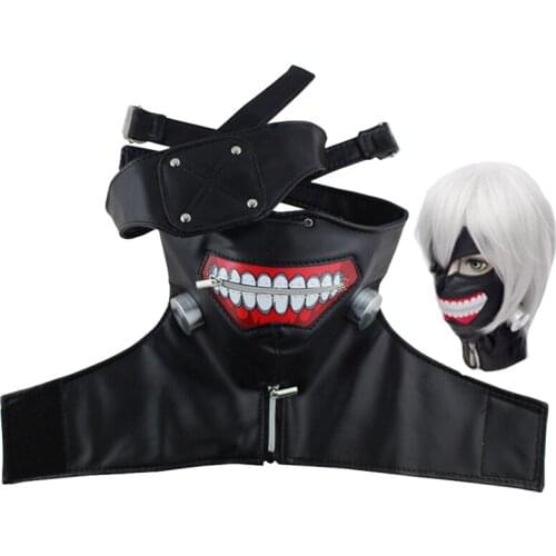 Anime Tokyo Ghouls Kaneki Ken Cosplay Mask wig Adjustable Zipper PU Leather Black Face Masks Men Women Halloween Party mask