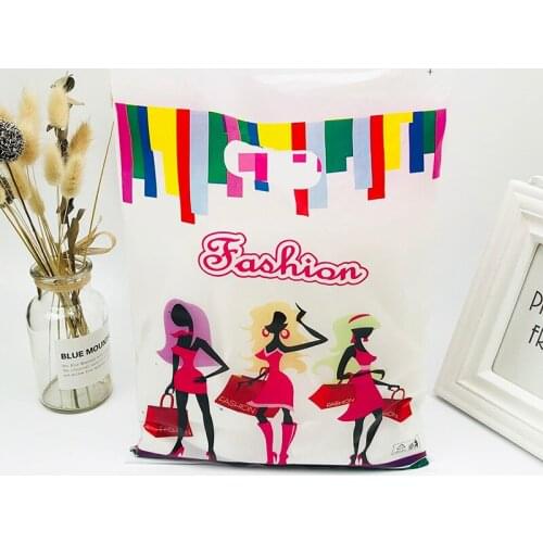 50pcs 25X35cm Large Plastic Shopping Bags For Boutique Packaging Colorful ''Fashion Girl'' Plastic Gift Bag With Handles
