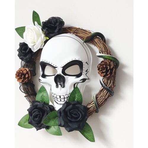 Black and White Rose Skull Mask Snake Decorative Wreath Artificial Halloween Wreath Halloween Party Front Door Decoration