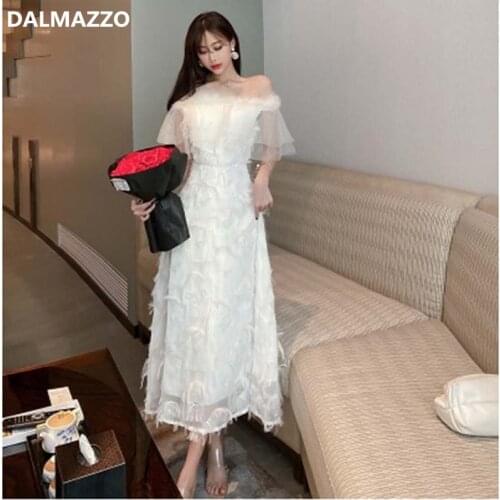 DALMAZZO Drop Shipping Women Slash Neck White Mesh Feather Long Dress 2021 New Summer Birthday Party Vestidos Clothes Female XL