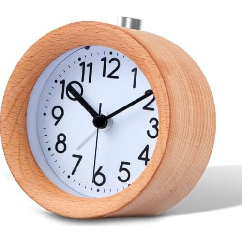 Wooden Clock Snooze Bedside Kids Alarm Clock Circular Needle Backlight Desktop Clock Silent Wood No Ticking despertador WF