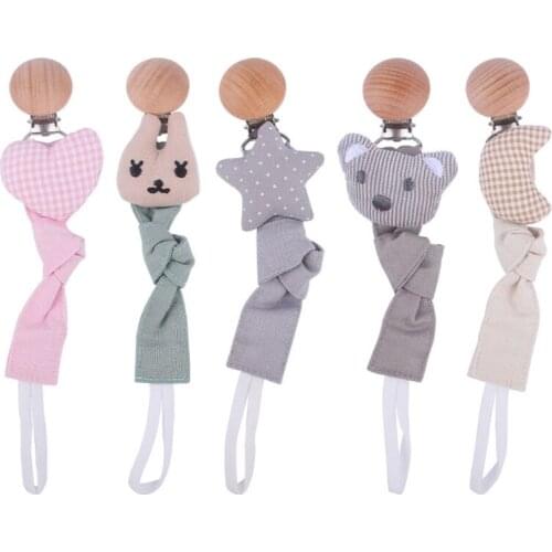 Baby Teether Beech Wooden Clip Cotton Linen Pacifier Chain Dummy Nipple Soother Holder Leash Strap for Infants Newborn