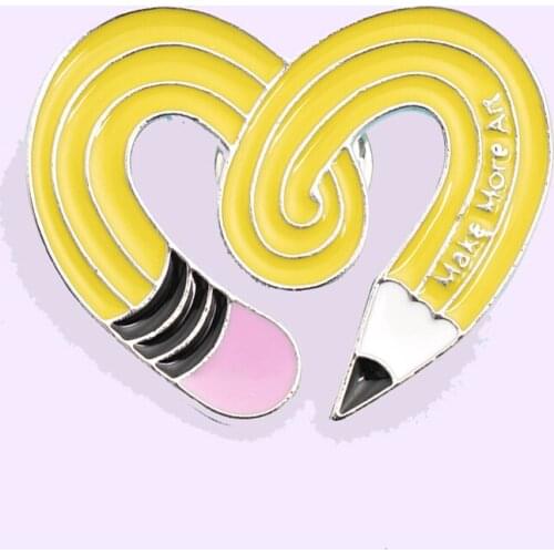 Curved Pencil Enamel pin Yellow Heart Brooch Bag Clothes Lapel Pin Sasha Away Badge Cartoon Jewelry Gift For Boys and Girls