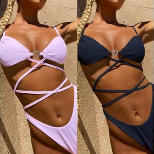 2 Pcs Womans Bikini Swimwear Set Sexy Diamond Heart Button Lace-up Sling Bra Solid Color Elastic Panties