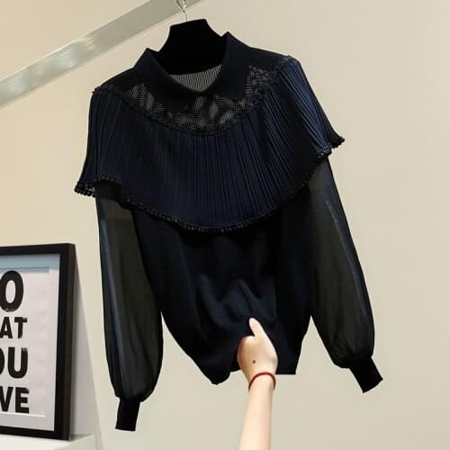 Lace Pleated Sexy Hollow Sweater Women 2021 Spring Korean Style Solid Color Chiffon Sleeves Stitching Outer Wear Bottoming Shirt