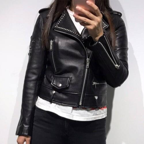 Ladies real leather jacket women genuine leather jacket rivet leather