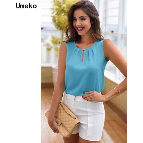 Umeko Fashion Sexy Chiffon Sleeveless T-shirt Women Round Neck Tops Loose Blouse Casual Pure Color Ladies Girls Cool Tank Top