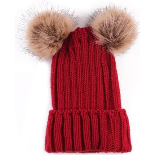 Fashion Autumn Double Faux Fur Ball Knitting Hat Winter Cute Solid Adult beanies Hats For Women Elastic Warm Skullies Cap
