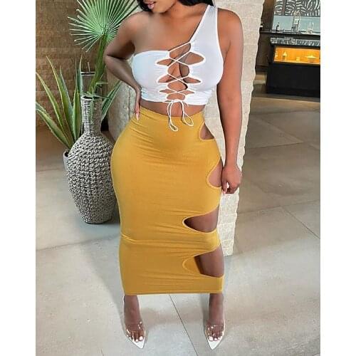 Fashion One Shoulder Colorblock White Lace-up Corset Bandage Tank Top & Cutout Skirt Set Summer Sexy Matching Suits Two Pieces