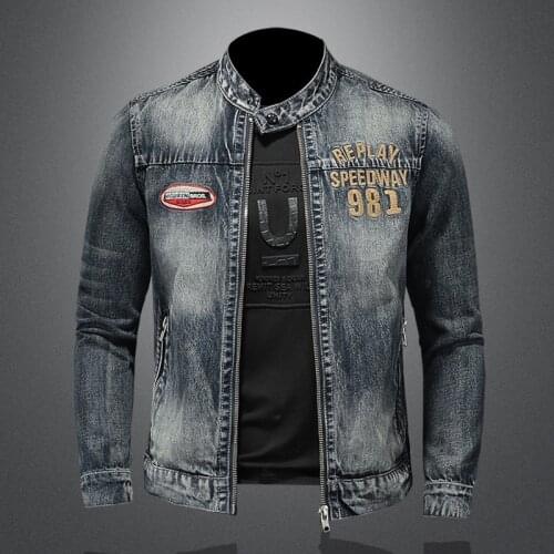Mens Embroidery Denim Biker Motorcycle Jacket Slim Fit Stand Collar Fashion Lettter Patch Casual Men Jeans Coat Drop Shipping