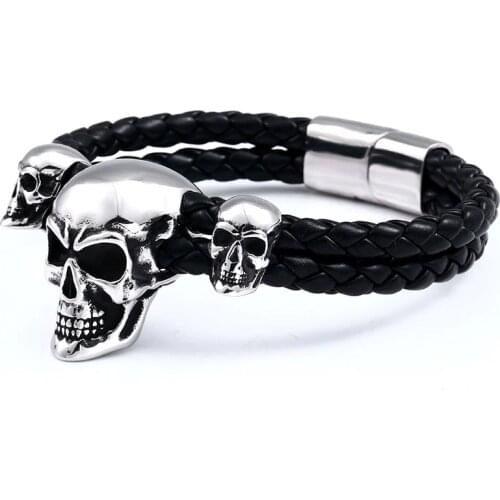 BEIER 316L stainless steel Punk Triple Skull Leather Mens Bangle Rock biker High Quality Jewellery gift
