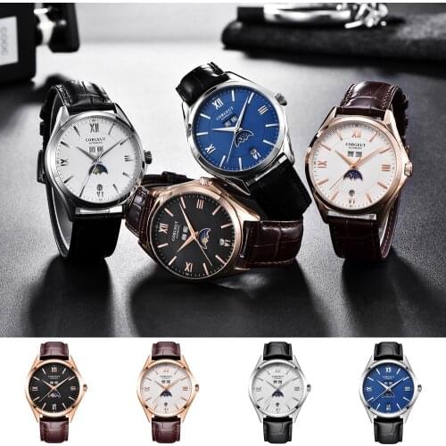 New Corgeut 41MM Moon Phase Leather Mens Wrist Watch fashtion automatic mechanical wristwatches waterproof 316L Stainless steel