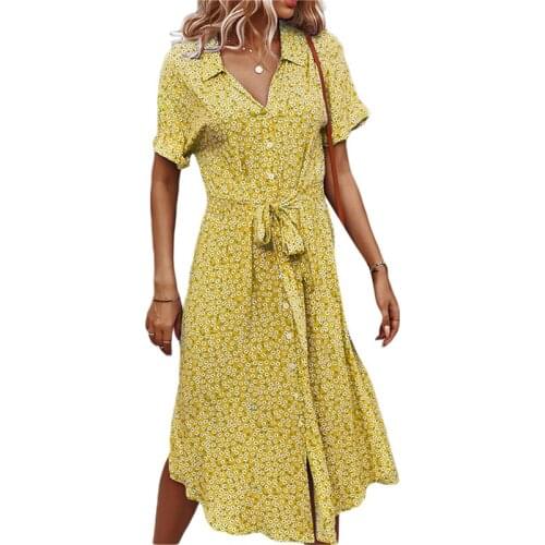 Xingqing Women Fashion Floral Print Loose Shirt Dress Short Sleeve Button Down V Neck Casual Summer Bohemain Midi Dress Clothes
