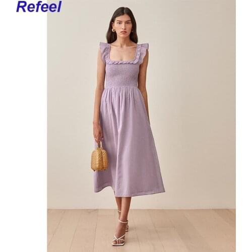 Women Sling Long Dresses Summer Sleeveless Sexy Square Collar Boho Beach Midi Dress Ruffle Elastic High Waist Fashion Casual