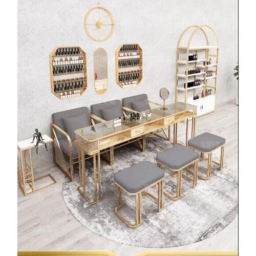 Net red luxury nail art table and chair set marble wrought iron table glass surface single double three