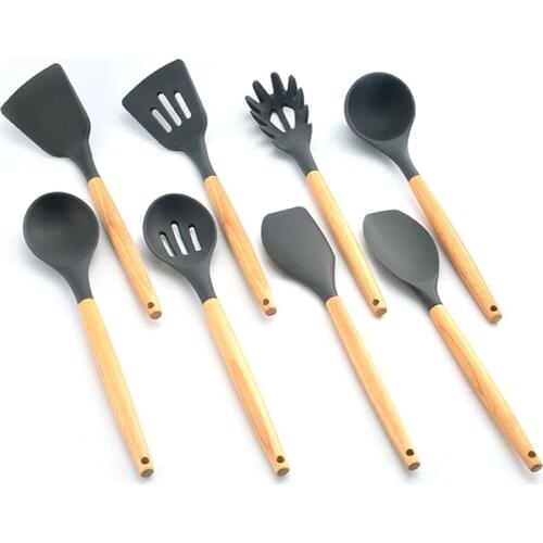 Silicone Kitchen Cooking Utensil Set Wood Handle Baking Spoon Spatulas Kitchen Tool set 1