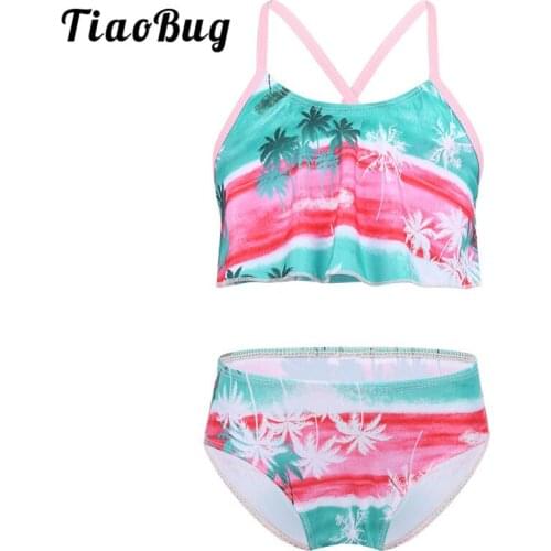 TiaoBug Kids Girls Tankini Tropical Palm Printed Flounce Swimsuit Swimwear Children Tops with Bottoms Beachwear Bathing Suit Set