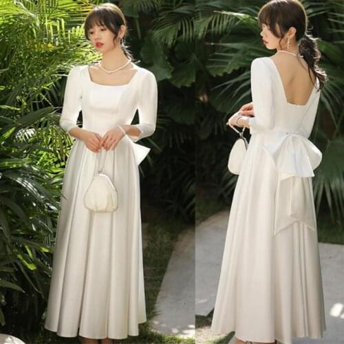 A-Line Vintage Ankle Length Wedding Dress 2021 Korean Satin Square Neck Bow Backless 3/4 Sleeves Bridal Gowns vestidos de mairee