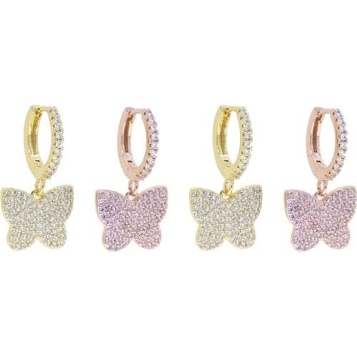 Micro Pave Cubic Zirconia White Pink CZ Butterfly Charm Dangle Drop Earring