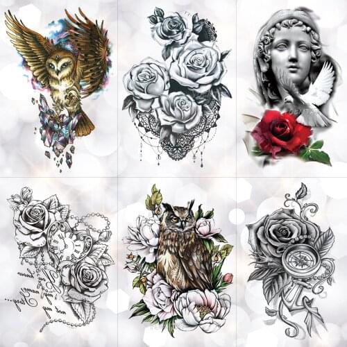 Crystal Gemstone Owl Waterproof Temporary Tattoo Sticker Heart Shaped Clock Rose Flash Arm Tattoos Body Art Fake Tatoo