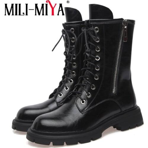 MILI-MIYA Fashion Cross Tied Zipper Woman Genuine Leather Chunky Heels Motorcycle Ankle Boots Round Toe Dress Party Shoes Brown