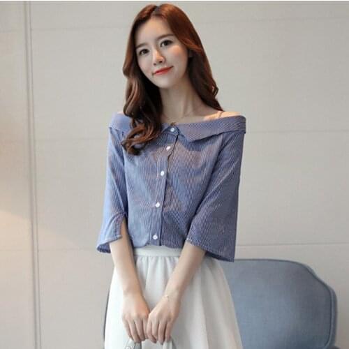 Women Shirts Striped Slash Neck Tops Female Korean Fashion Rayas Chemisier Femme Blusas