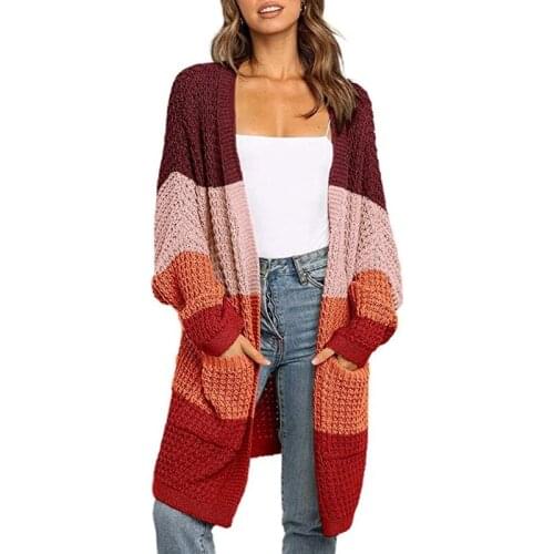 Womens Batwing Sleeve Open Front Long Cardigan Color Block Striped Loose Sweater Chunky Cable Knitted Outwear Coat with Pockets
