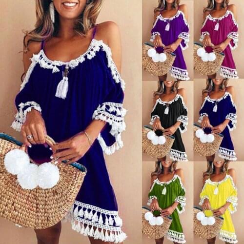 2019 beach dress Women Off Shoulder Dress Tassel Short Cocktail Party Beach Dresses Sundress sexy vestidos playa robe de plage