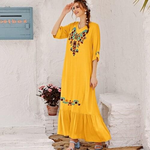 2021 Yellow Embroidery Long Dress Summer Flowers Casual Loose Half Sleeve Ruffle Maxi Dress Plus Size Ladies Beach Boho Sundress