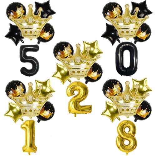 6Pcs/Set Crown Black Gold Number Foil Combination Balloon Baby Shower Birthday Party Decorations Helium Balloons
