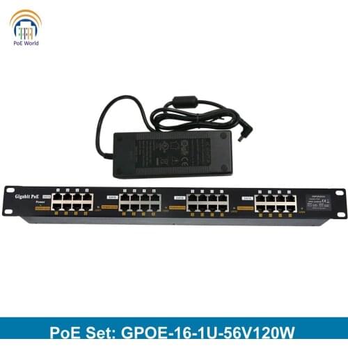 Free ship GPOE-16-1U-56V120W Ethernet connector Gigabit poe injector with 48V 120W power adapter two DC power input