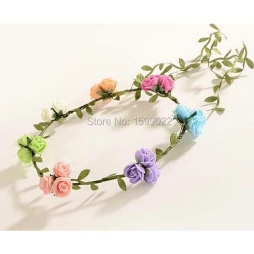 Floral Bridal Headband Bohemian Flower Crown PE Rose Green Leaves Wedding Bridesmaid Hair Garland Colorful Female Head Pieces