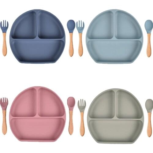 Baby Kids Suction Plate+Spoon+Fork Tray Baby Bowl Set Baby Feeding Bowl Set Lunch Dinnerware Set Waterproof Silicone Plates