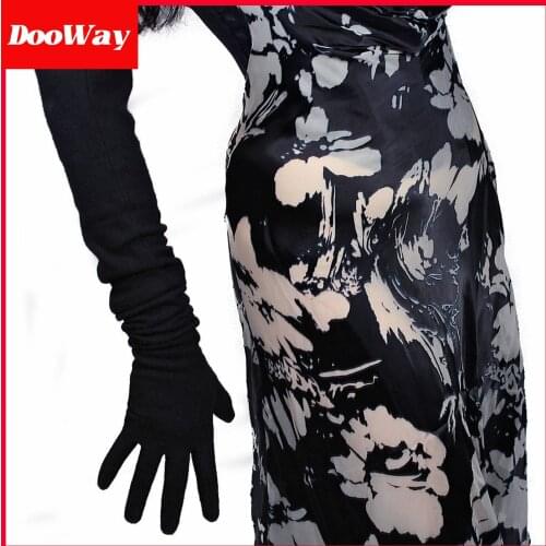 DooWay Fashion Merino Wool Cashmere Opera Gloves Black Stretchy 28-inch Slim Winter Warm Full Finger Gloves w/ Lace Mesh Ruffle