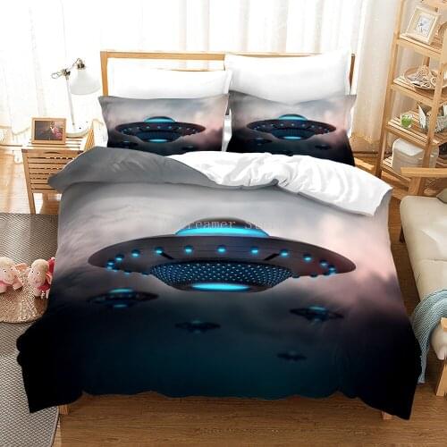 3D Printing UFO Pattern Bedding Set Kids Duvet Cover Set With Pillowcase 200×200 Custom Quilt Cover Black Blanket Cover