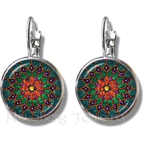 Trendy Flower Of Life Earrings Mandala Elegant And Complex Pattern 16mm Round Glass Stud Earrings For Women Cabochon Jewelry
