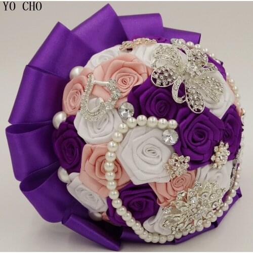 Fashion Handmade BrideFlower Bouquet Hand Flowers diamond jewelry rhinestone pearl crystal purple artificial wedding bouquets