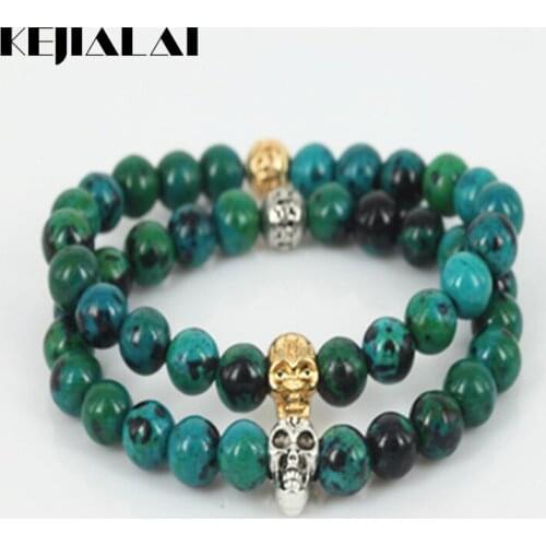 Fashion Gold/Silver Color Skull Head Men Charm Stretch Bracelet Natural 8mm Phoenix Green Round Gem Stone Beads Women Bracelet