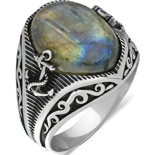 Solid 925 Sterling Silver Sailors Anchor Natural Labradorite Stone Mens Ring